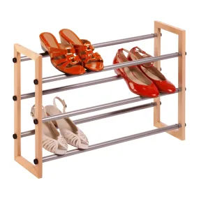 Natural/Chrome Expandable 3-Tier Shoe Rack