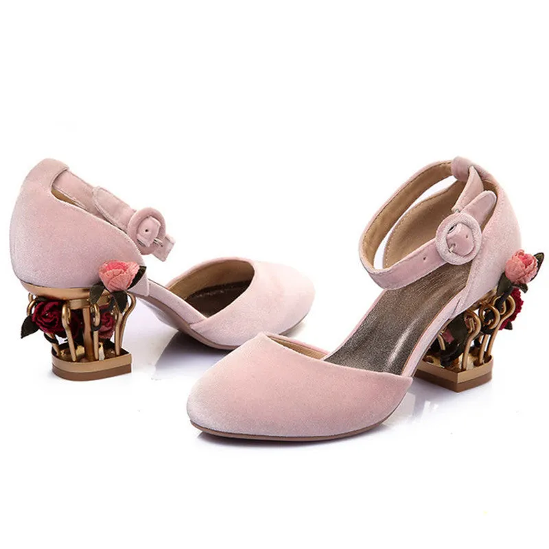 Novelty Ankle Strap Pumps with Rose Cage Heels