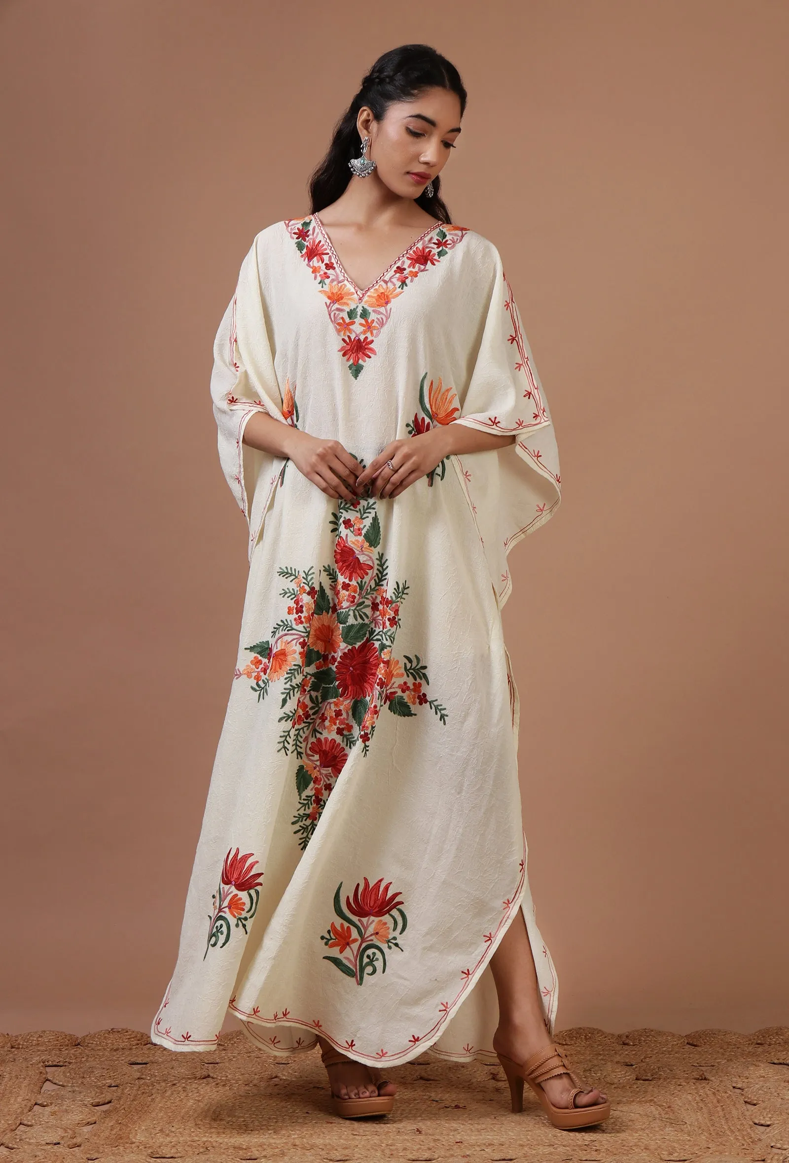 Off-White Silk Ari Embroidered Kaftan- Free Size