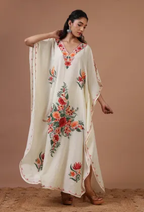 Off-White Silk Ari Embroidered Kaftan- Free Size