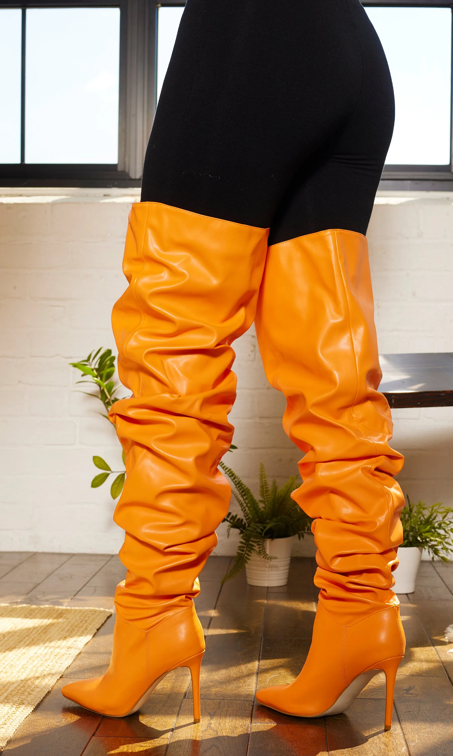 Orange Faux Leather Runched Boots FINAL SALE