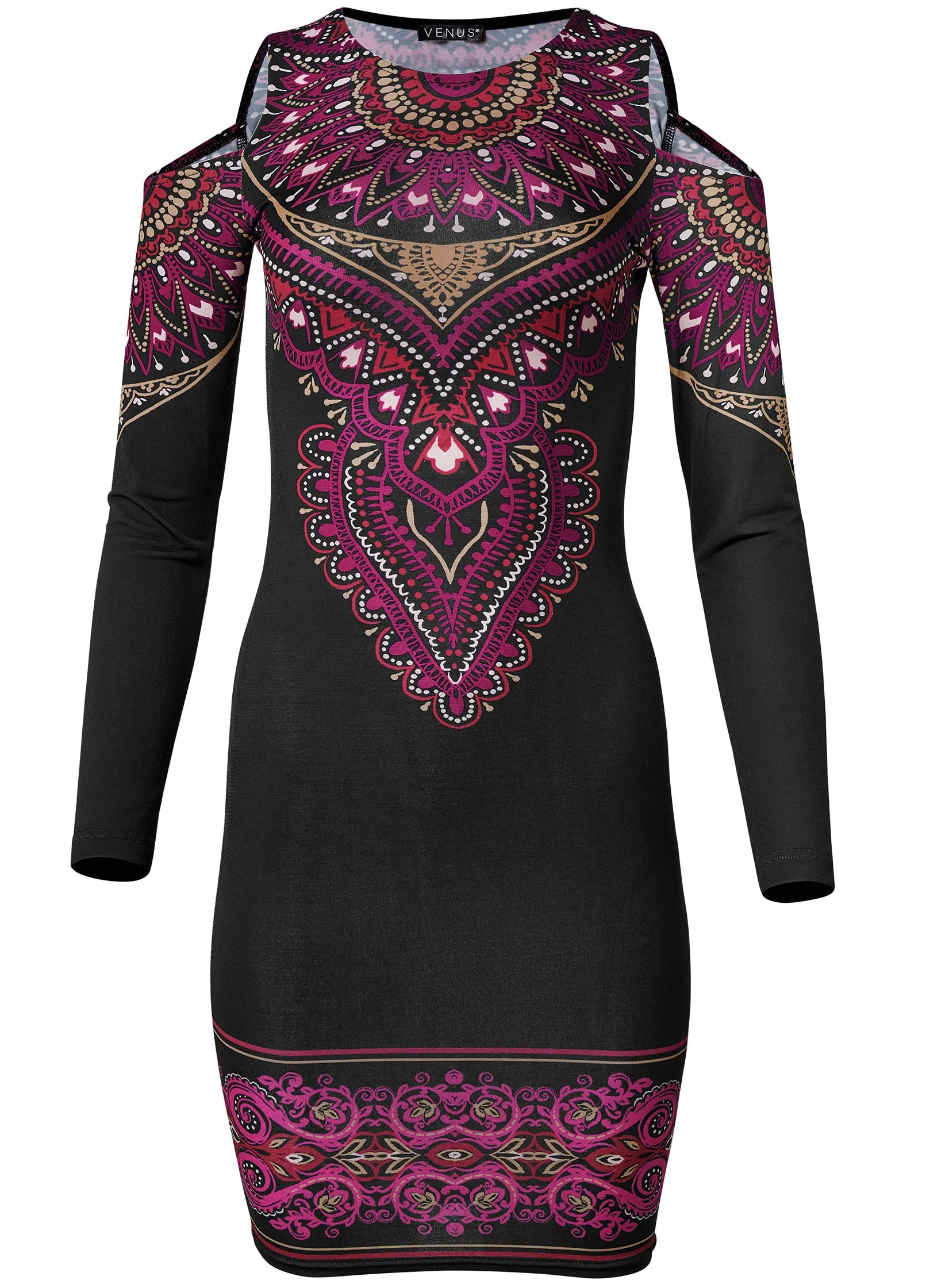 Paisley Cold-Shoulder Dress - Black & Fuchsia