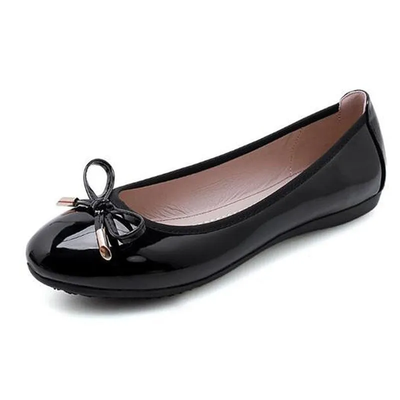 Purpdrank - Size 42/43 Ladies Single Shoes Bowtie Flats Patent Leather Loafers Women Round Toe Roll-Up Shoes Woman Bridesmaid Flats