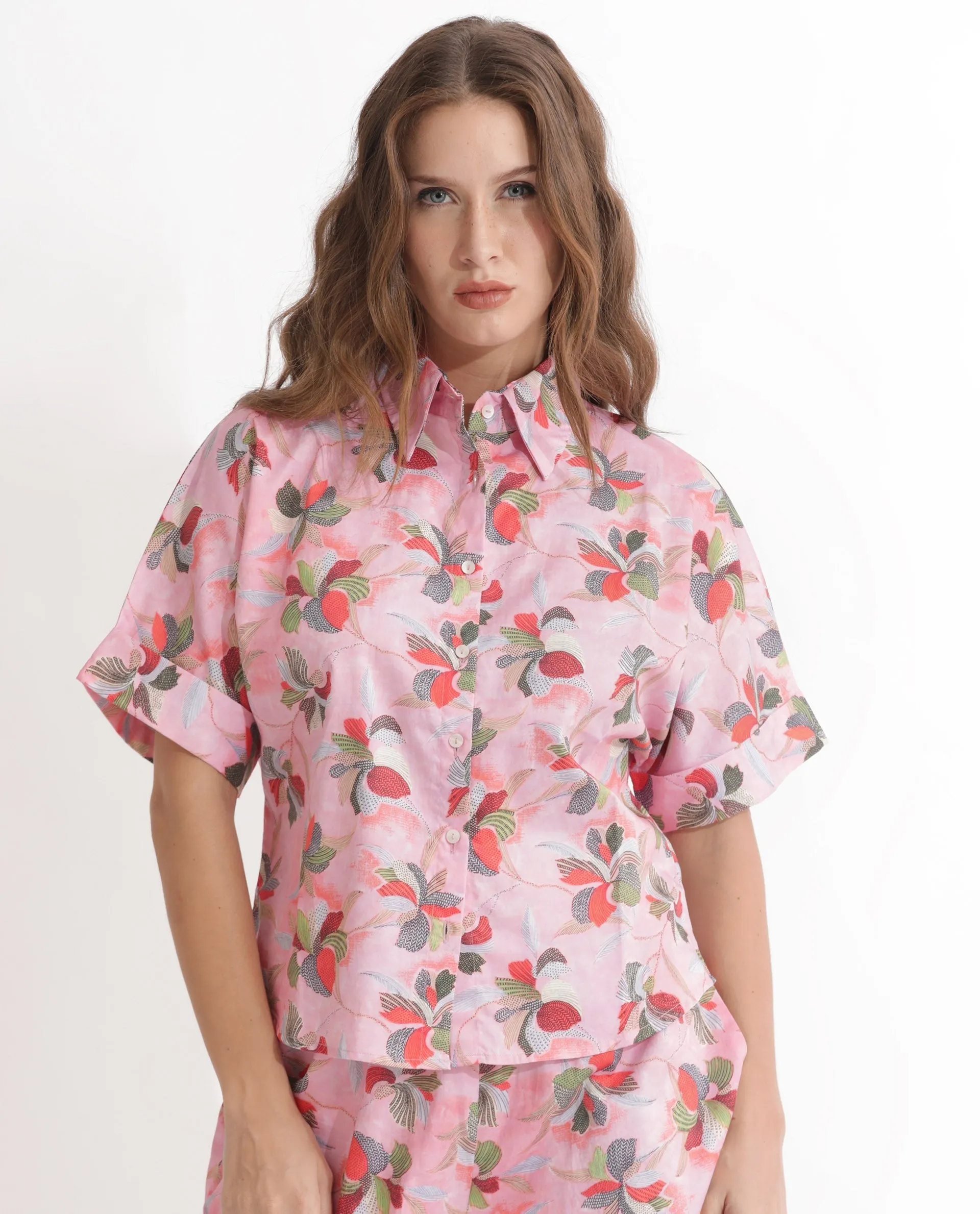 Rareism Women Kentoy-T Light Pink Cotton Fabric Short Sleeves Button Closure Shirt Collar Extended Sleeve Regular Fit Floral Print Top