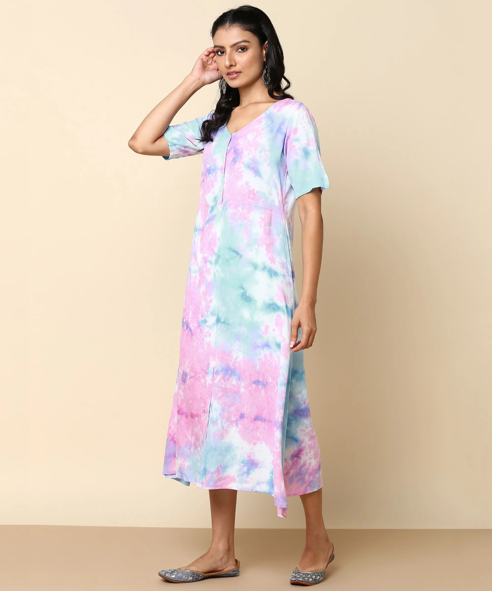 Rayon Tie Dye Pink Front Slit Full Placket Dress