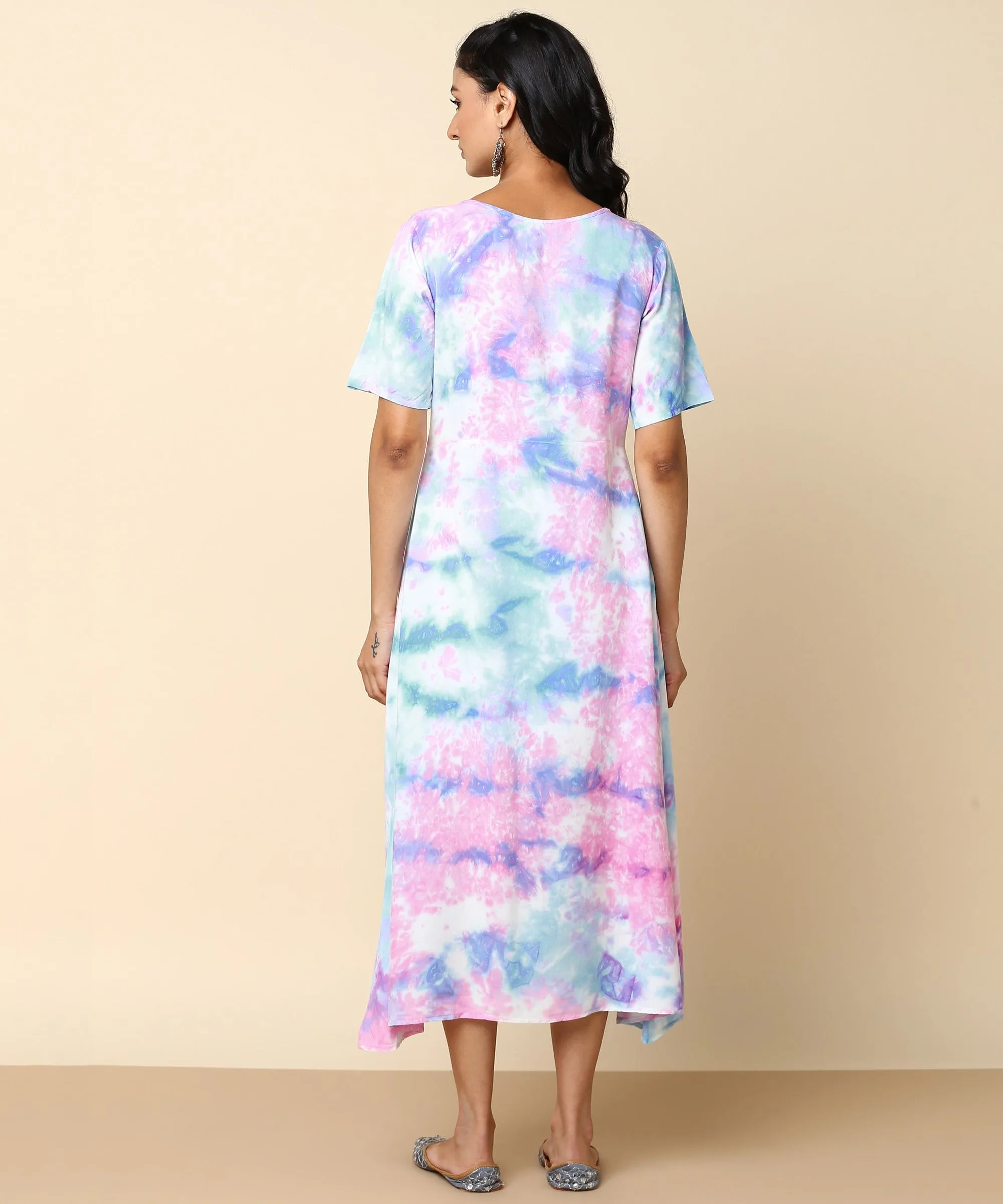 Rayon Tie Dye Pink Front Slit Full Placket Dress