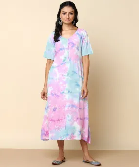 Rayon Tie Dye Pink Front Slit Full Placket Dress