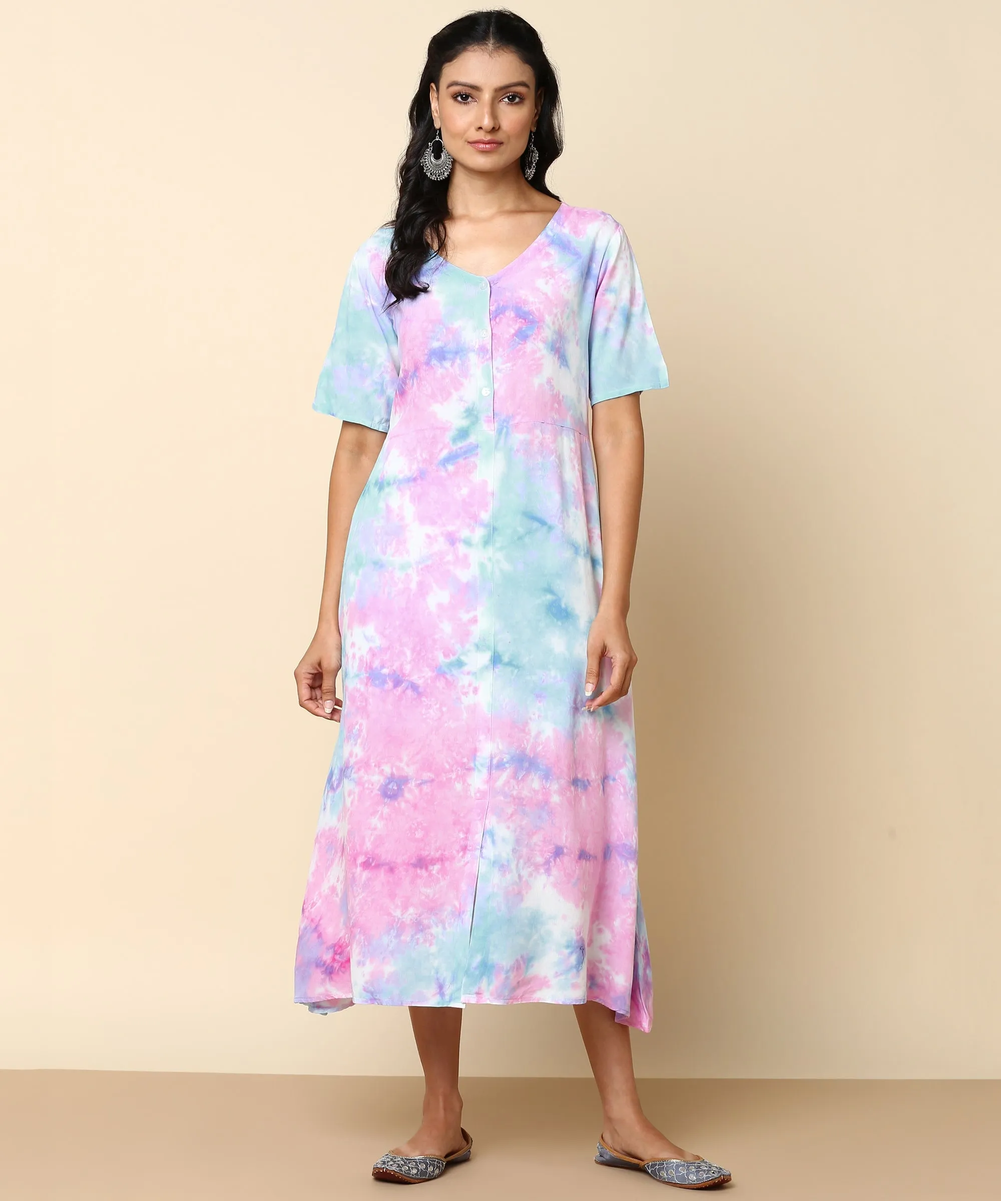 Rayon Tie Dye Pink Front Slit Full Placket Dress