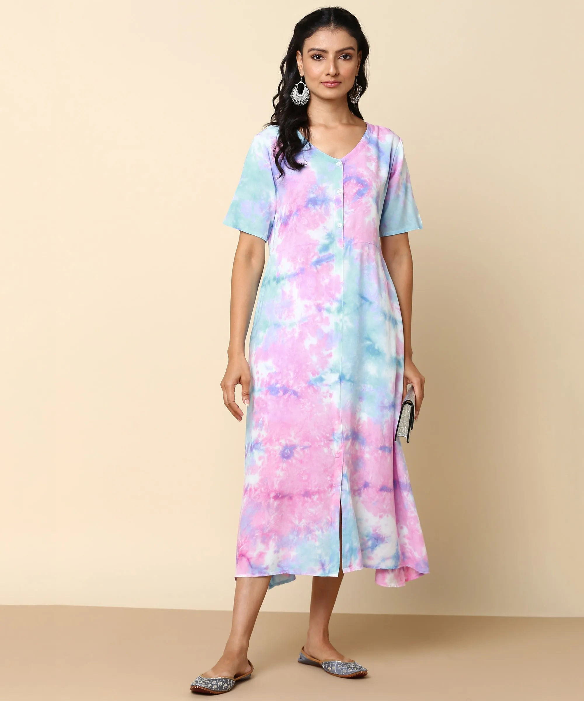 Rayon Tie Dye Pink Front Slit Full Placket Dress