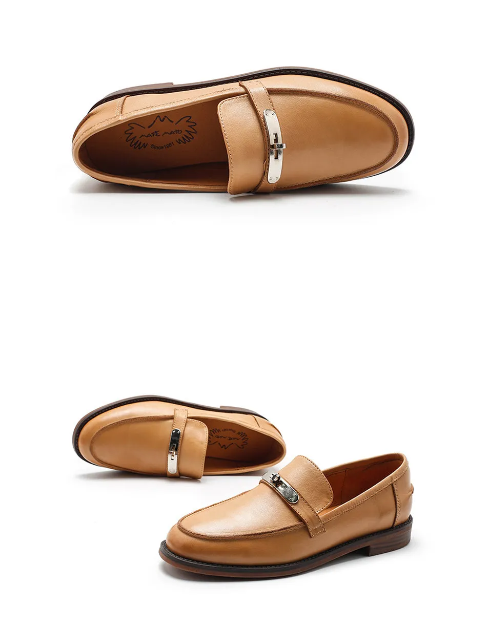 Real Leather Pointed Toe Metal Buckle Front Loafers