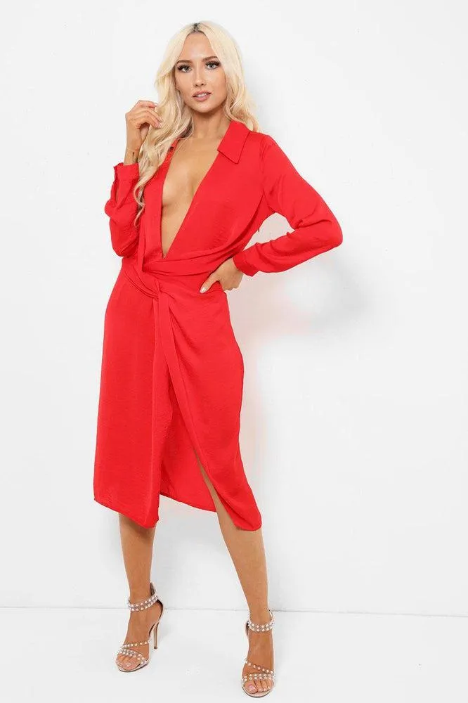 Red Crushed Satin Deep Plunge And Split Dress