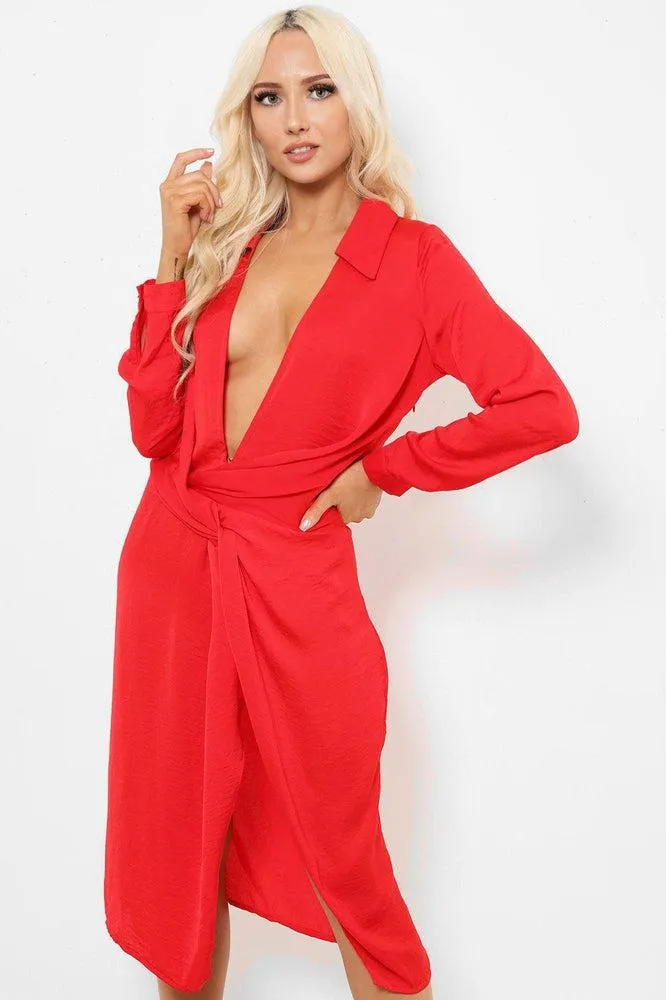 Red Crushed Satin Deep Plunge And Split Dress