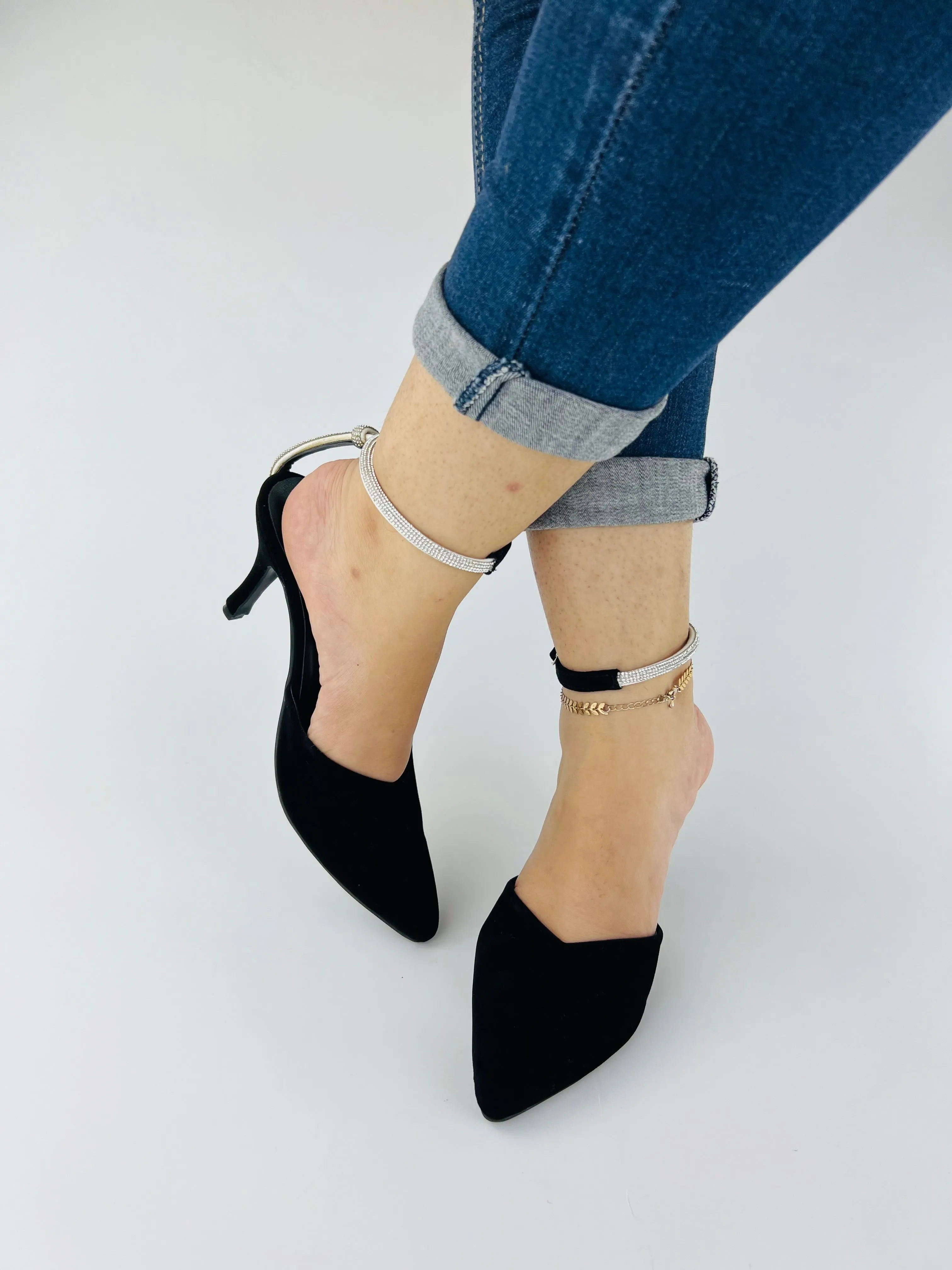 Rihana Black Velvet Rhinestone Ankle Strap Mules