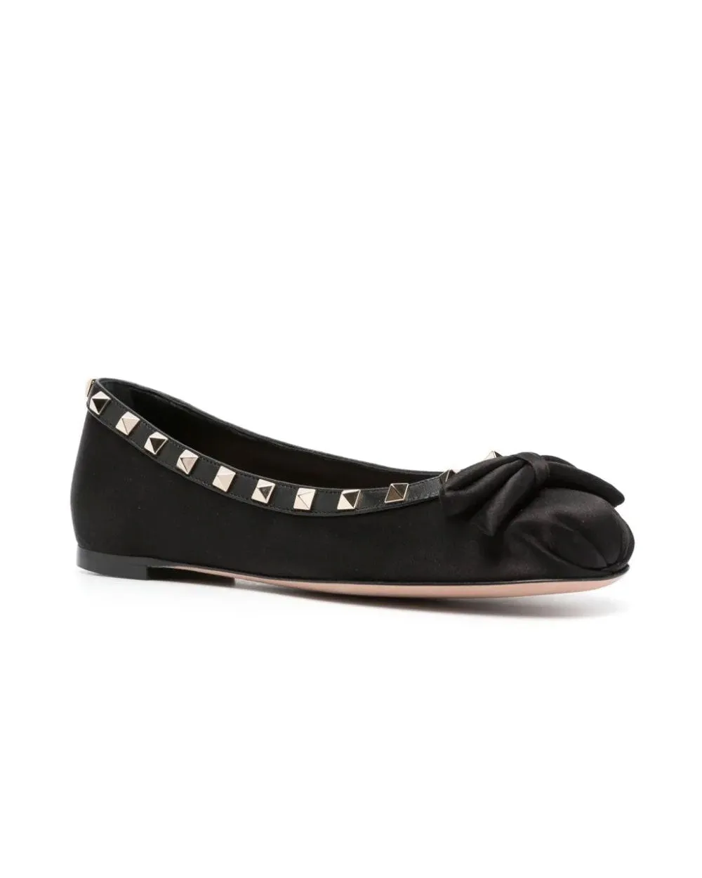 Rockstud Satin Ballerina Flat in Nero