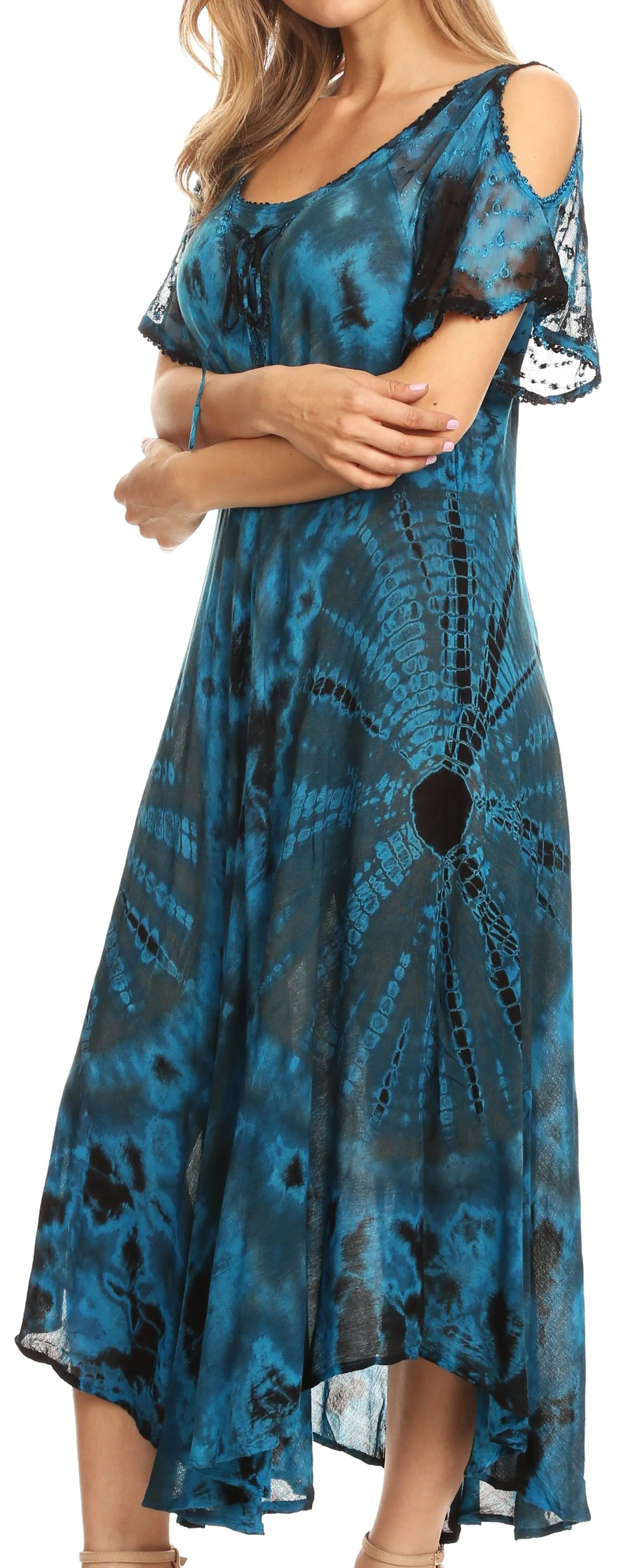 Sakkas Ada Women Cold Shoulder Caftan Relax Long Maxi Dress on Tie-dye with Corset