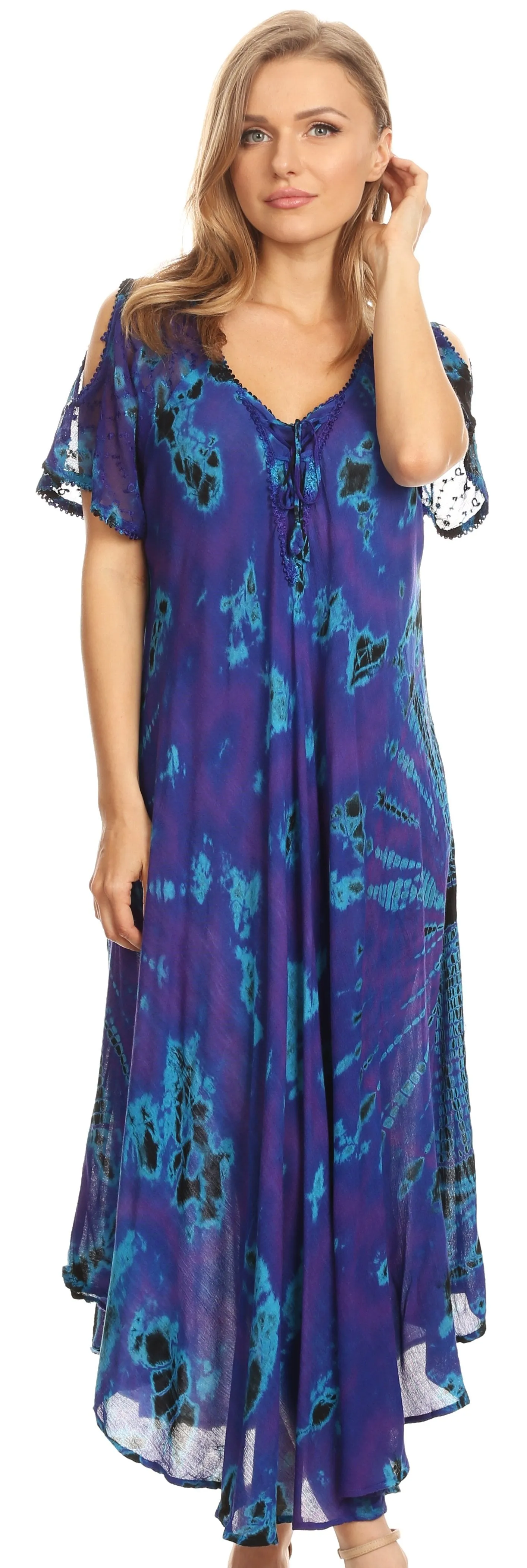 Sakkas Ada Women Cold Shoulder Caftan Relax Long Maxi Dress on Tie-dye with Corset