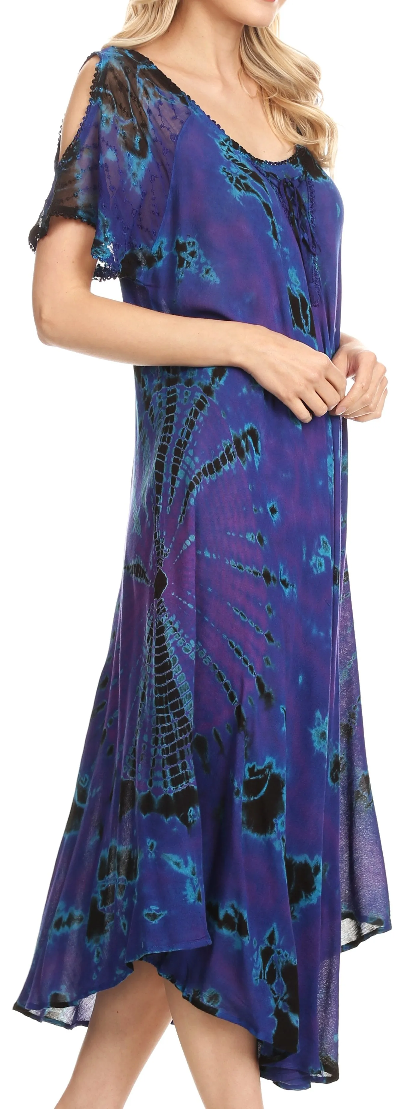 Sakkas Ada Women Cold Shoulder Caftan Relax Long Maxi Dress on Tie-dye with Corset