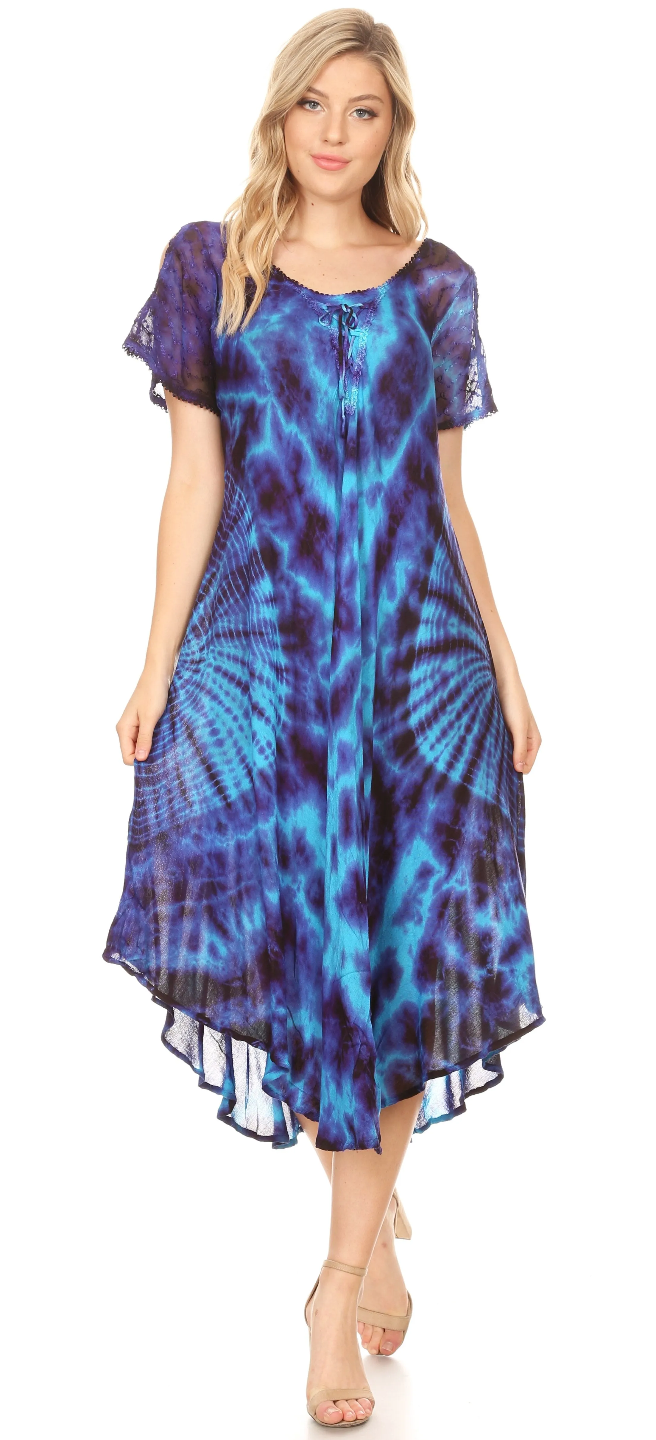 Sakkas Ada Women Cold Shoulder Caftan Relax Long Maxi Dress on Tie-dye with Corset