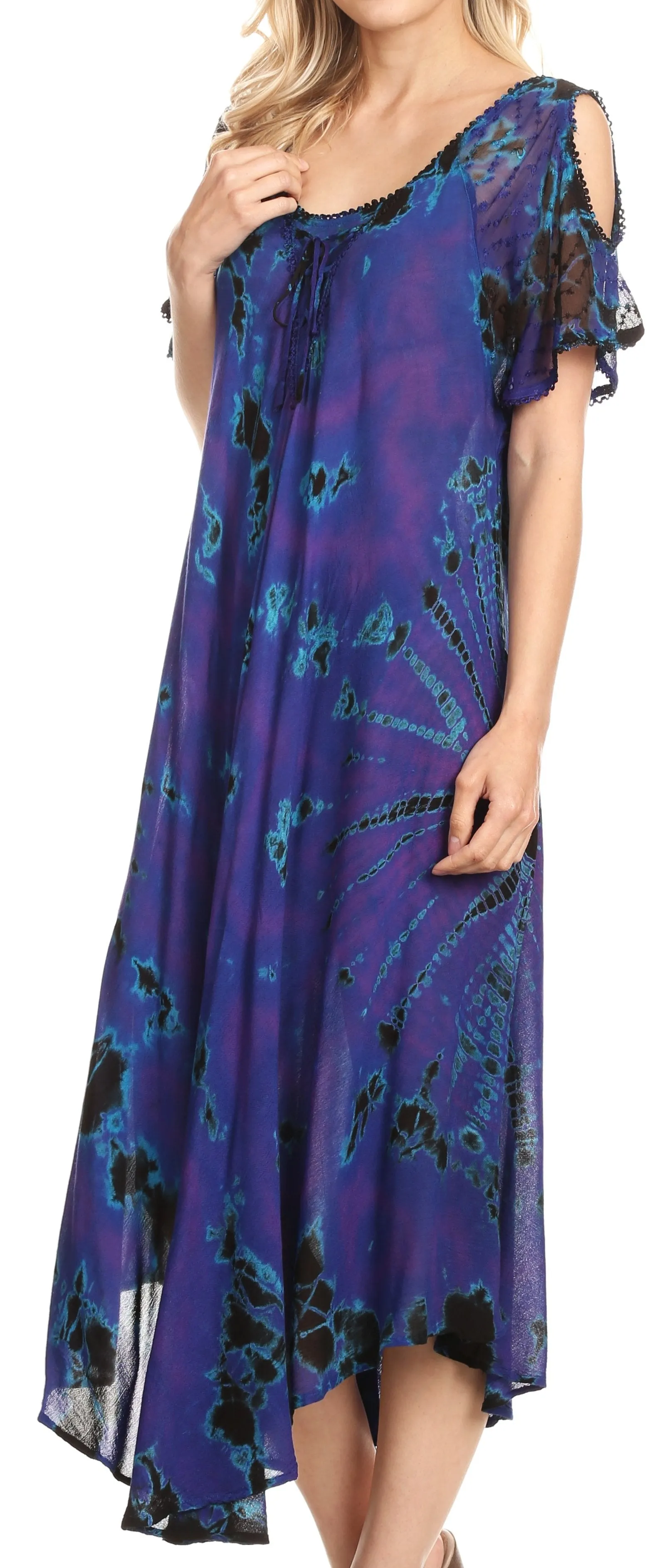 Sakkas Ada Women Cold Shoulder Caftan Relax Long Maxi Dress on Tie-dye with Corset