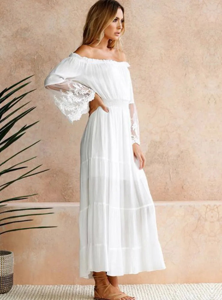 Sexy Off Shoulder Lace Boho Cotton Maxi Dress