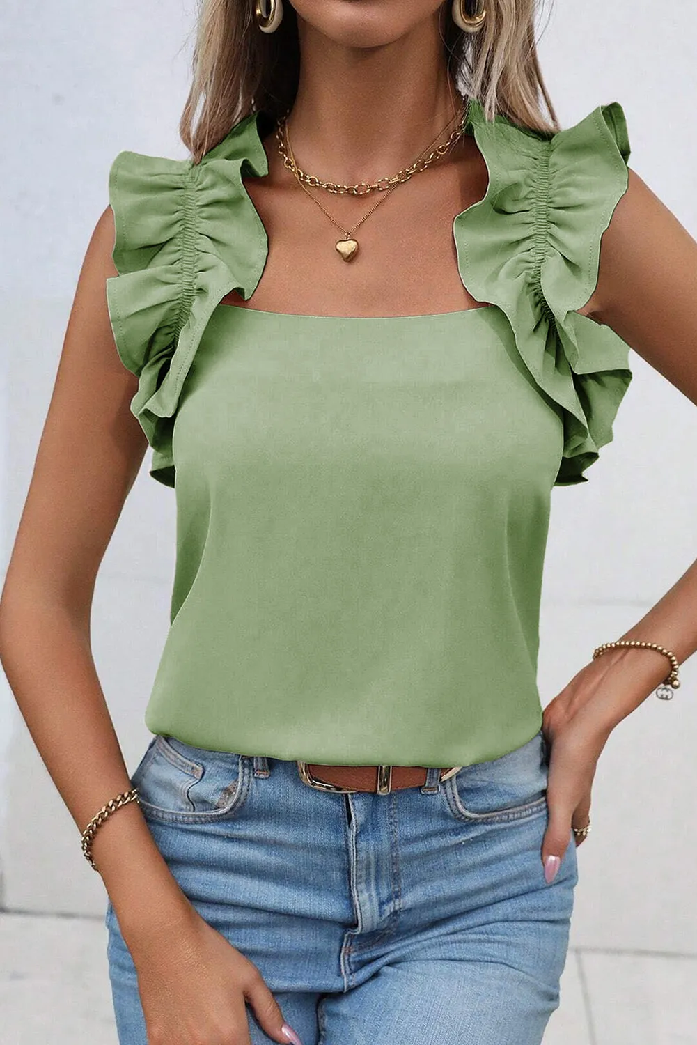 Solid Ruffle Trim Sleeveless Top