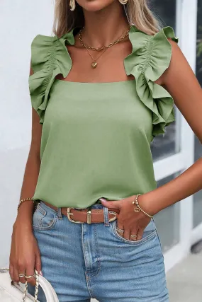 Solid Ruffle Trim Sleeveless Top