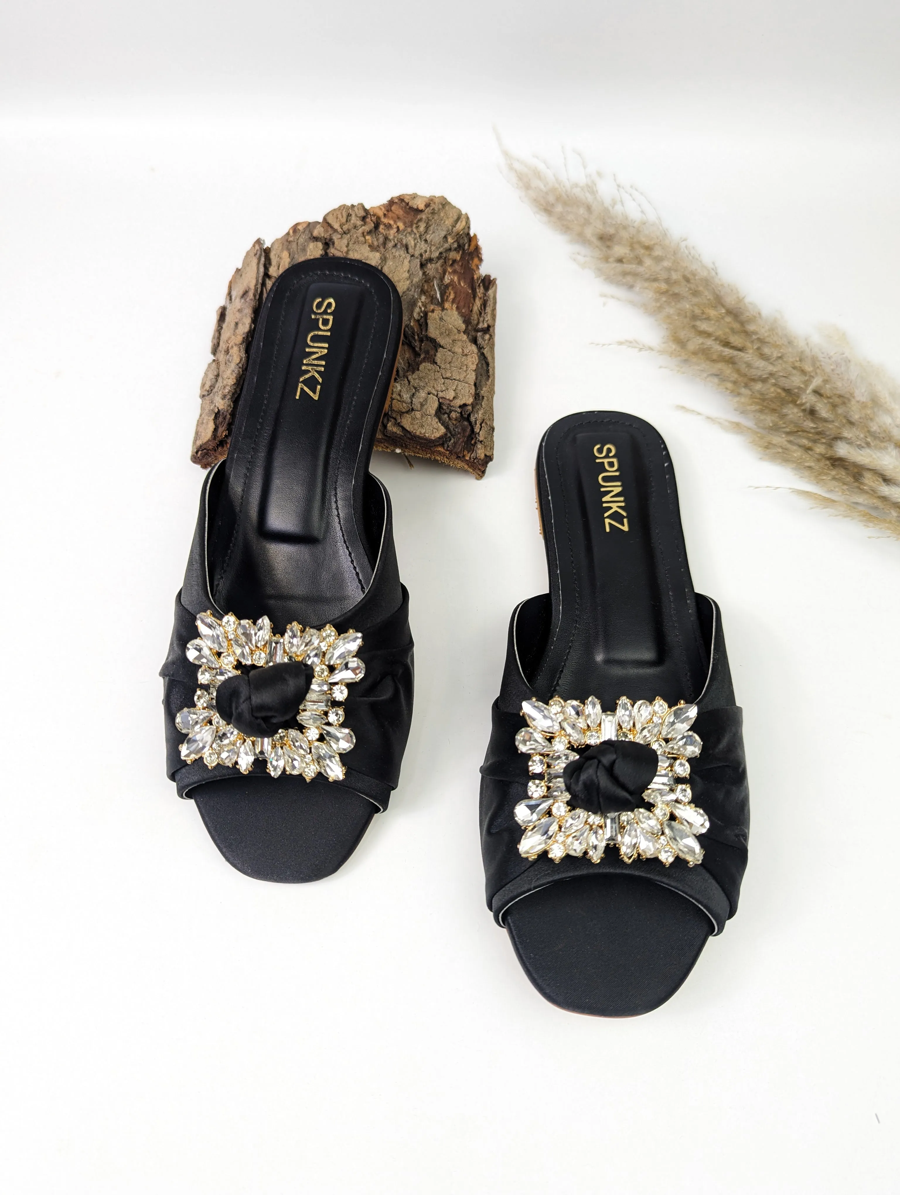 Spunkz Satin Rhinestone Decor Knot Detail Single Band Flat Sandals