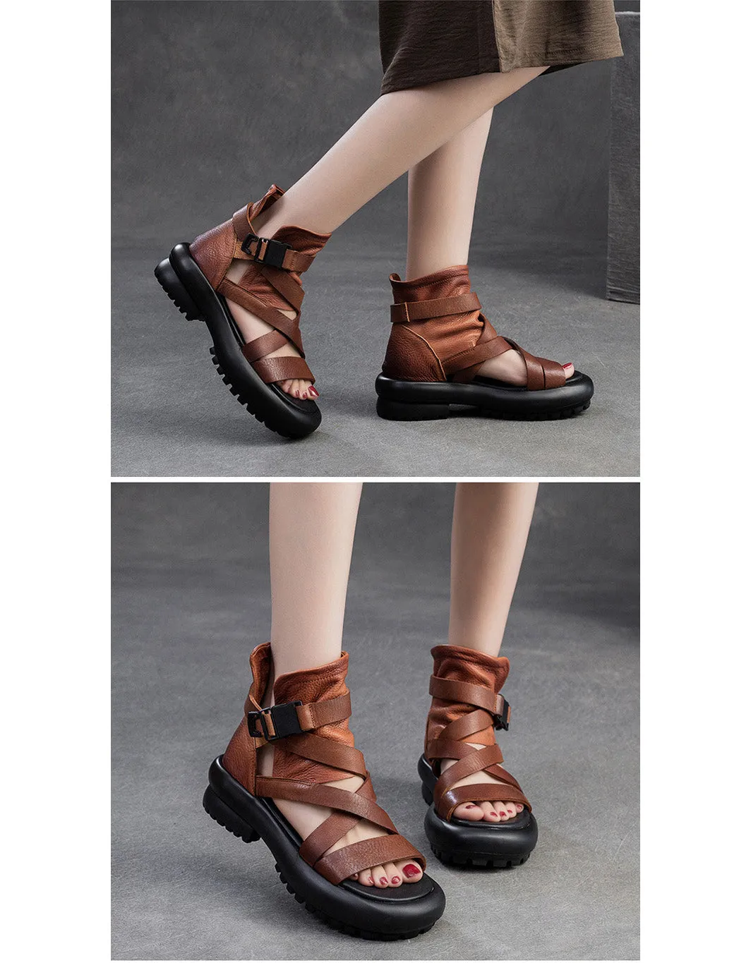 Summer Open Toe Soft Leather Strappy Sandals Boots