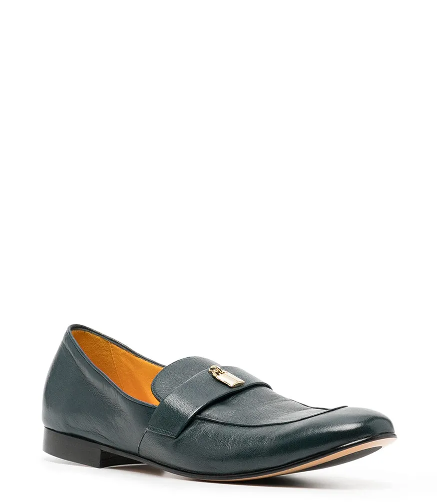 Teal Leather Lock Flat Loafer