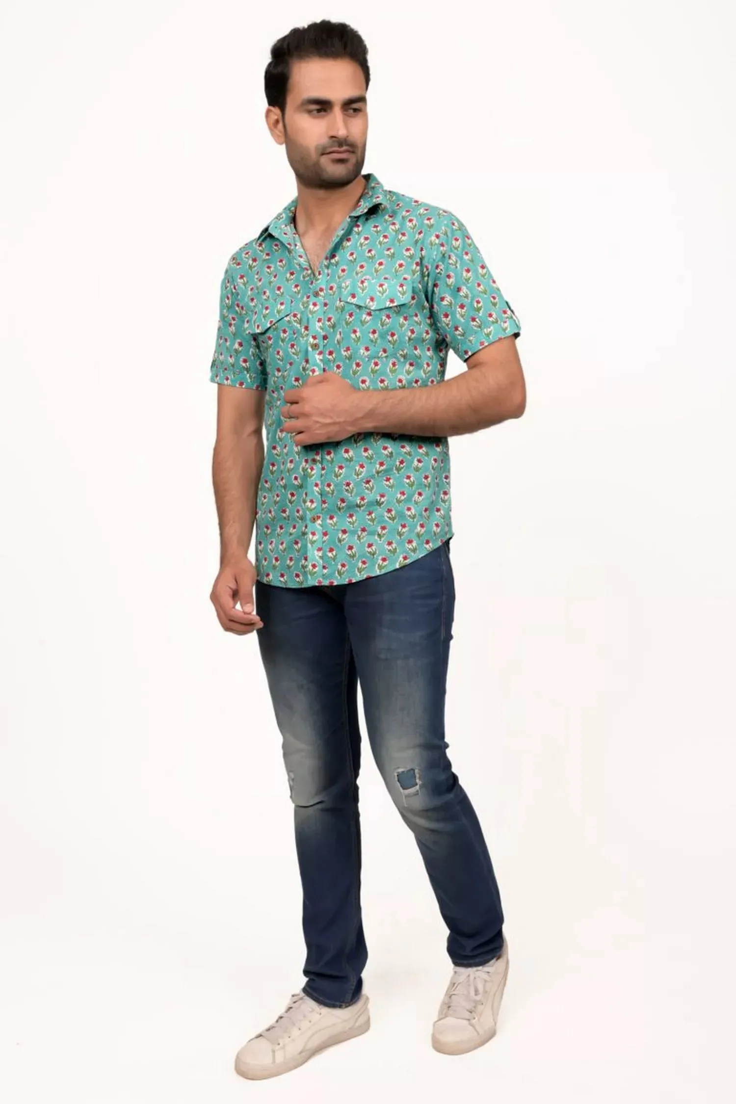 Turquoise Blue Block Printed Half Sleeve Shirt