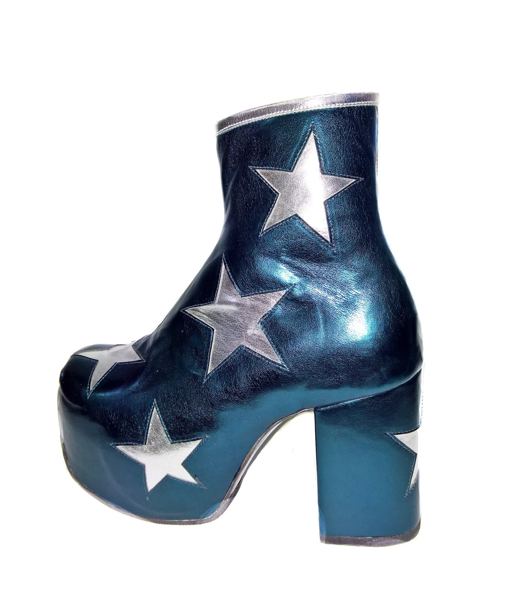 Vegan STARDUST Teal Metallic Platform Ankle Boots with Silver Stars