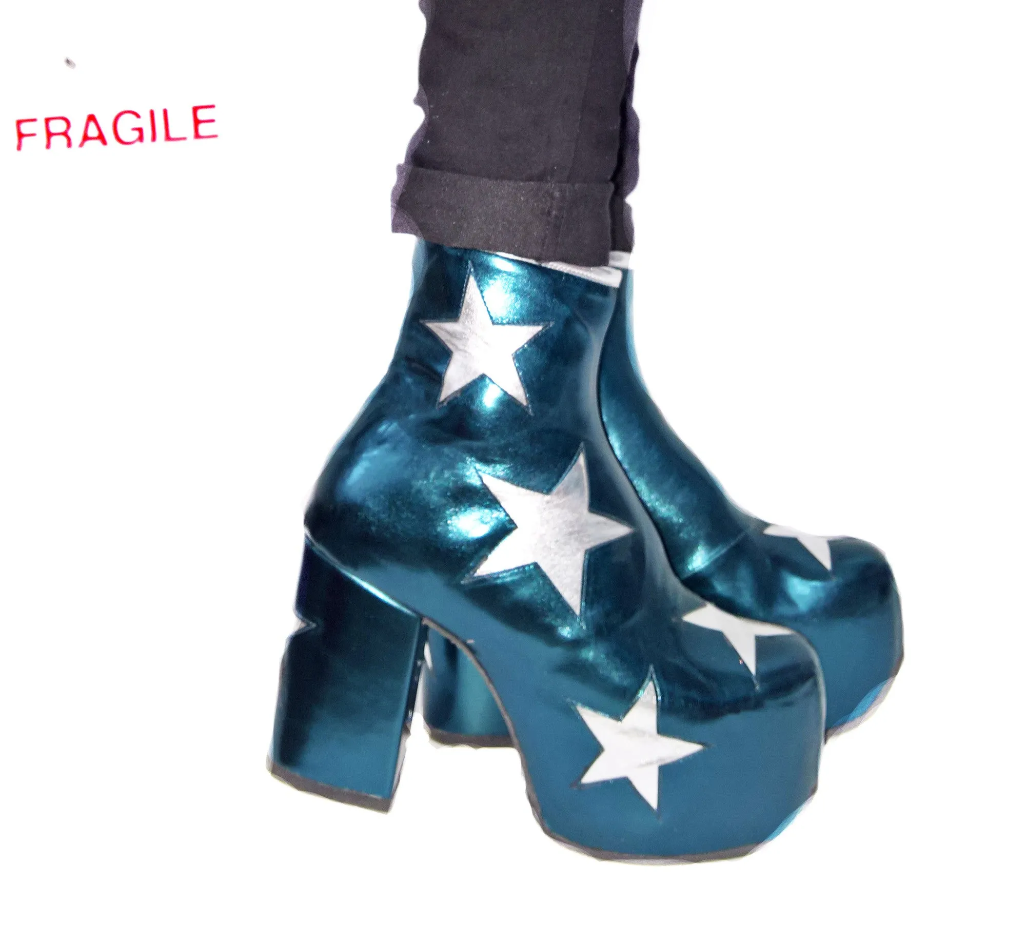 Vegan STARDUST Teal Metallic Platform Ankle Boots with Silver Stars