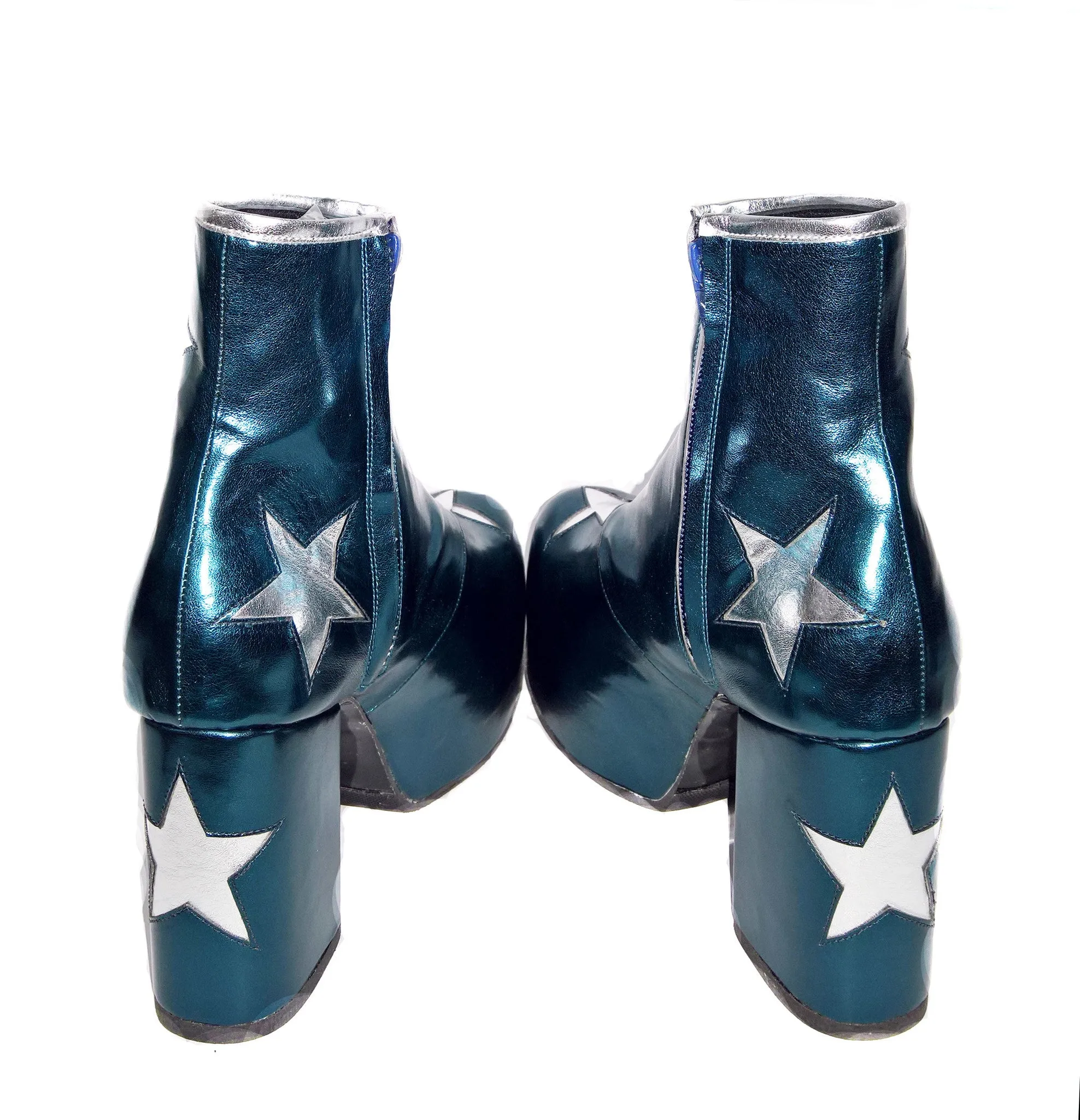 Vegan STARDUST Teal Metallic Platform Ankle Boots with Silver Stars