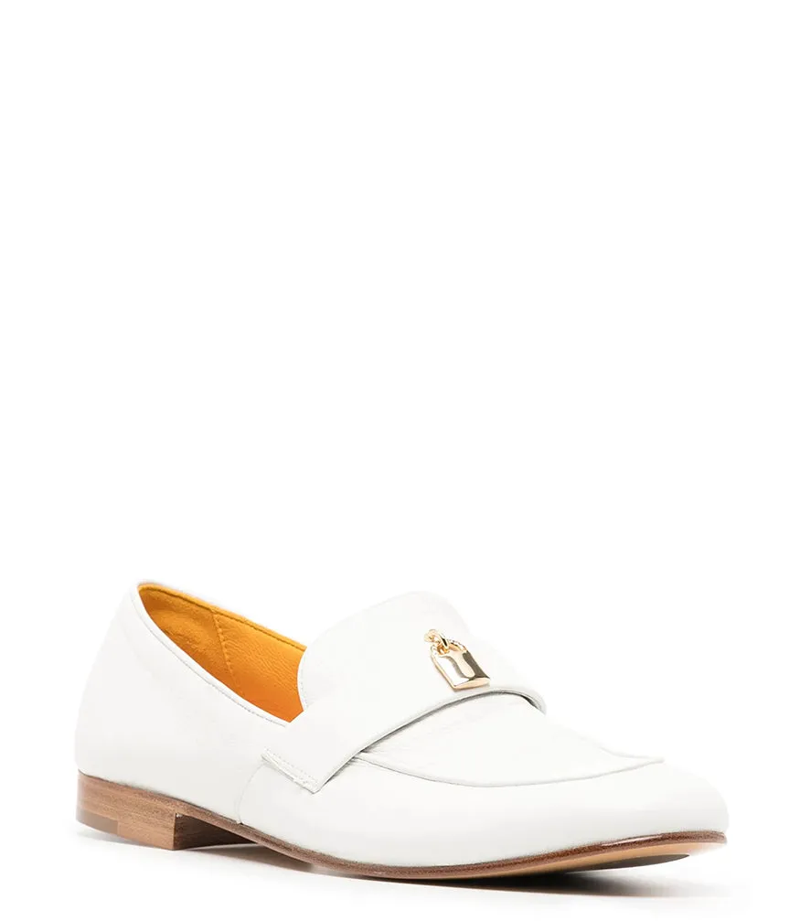 White Leather Lock Flat Loafer