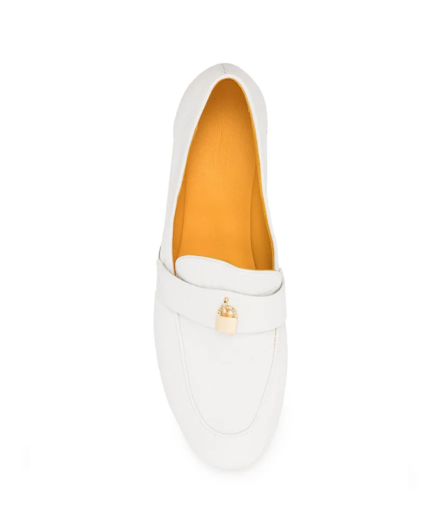 White Leather Lock Flat Loafer