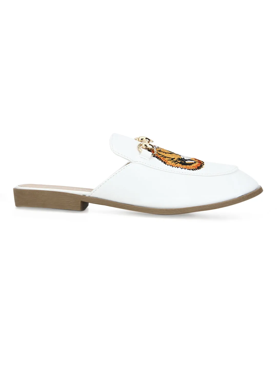 White PU Tiger Detailed Open Back Flat Loafer