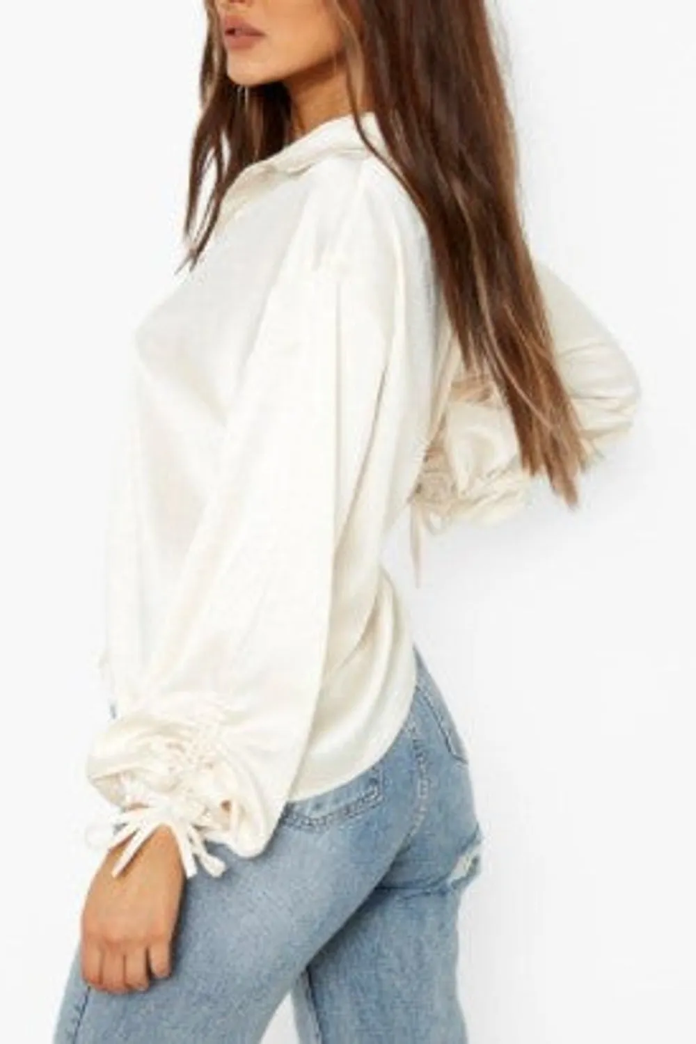 White Woven Ruched Sleeve Shirt