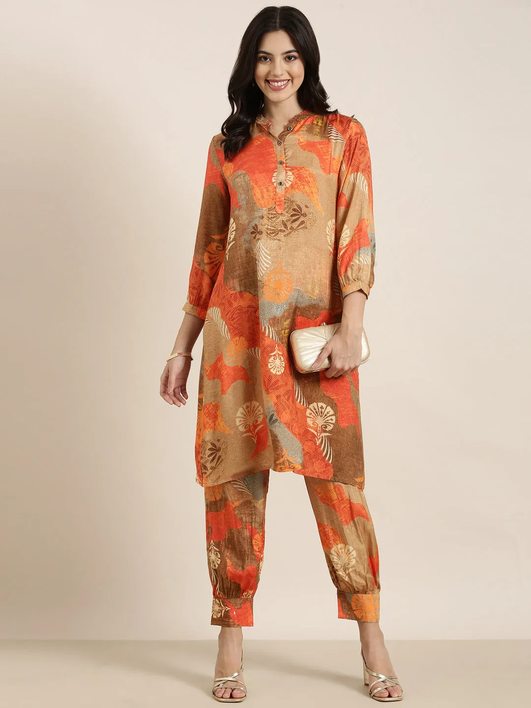 Women A-Line Orange Floral Kurta and Patiala Set