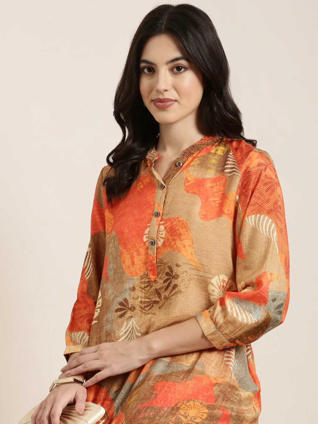 Women A-Line Orange Floral Kurta and Patiala Set