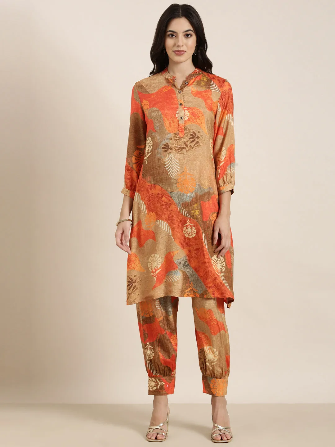 Women A-Line Orange Floral Kurta and Patiala Set