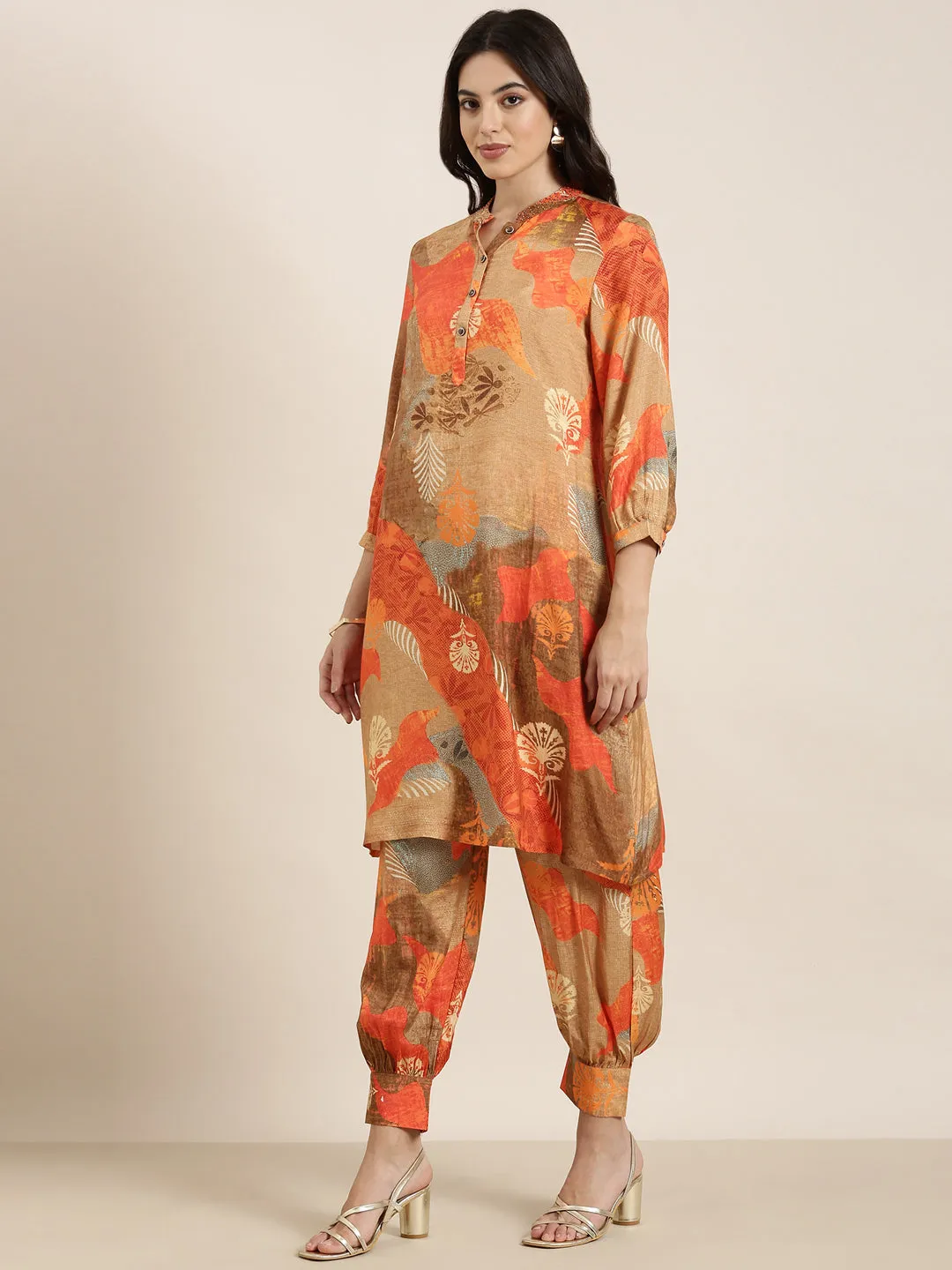 Women A-Line Orange Floral Kurta and Patiala Set