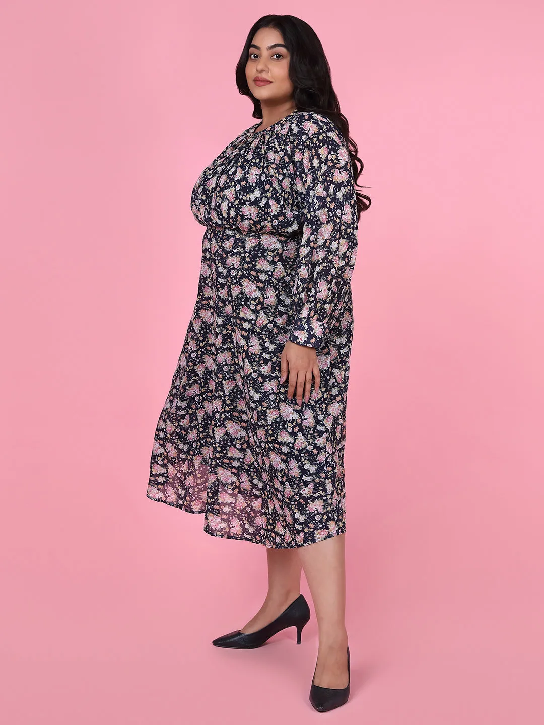 Women Floral Navy Blue Fit and Flare Midi Dress