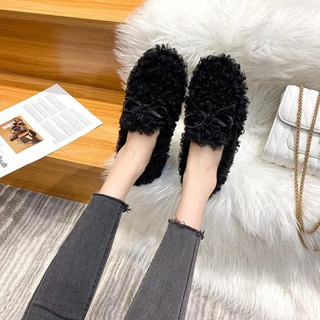 Women Frizz Faux-Fur Loafers Warm Winter Flat Bow Shoes