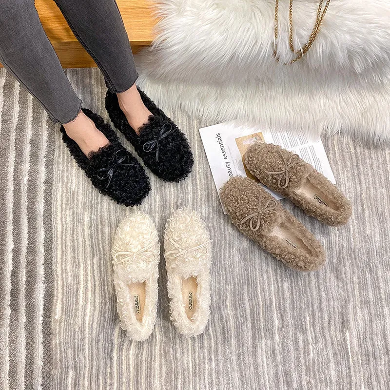 Women Frizz Faux-Fur Loafers Warm Winter Flat Bow Shoes