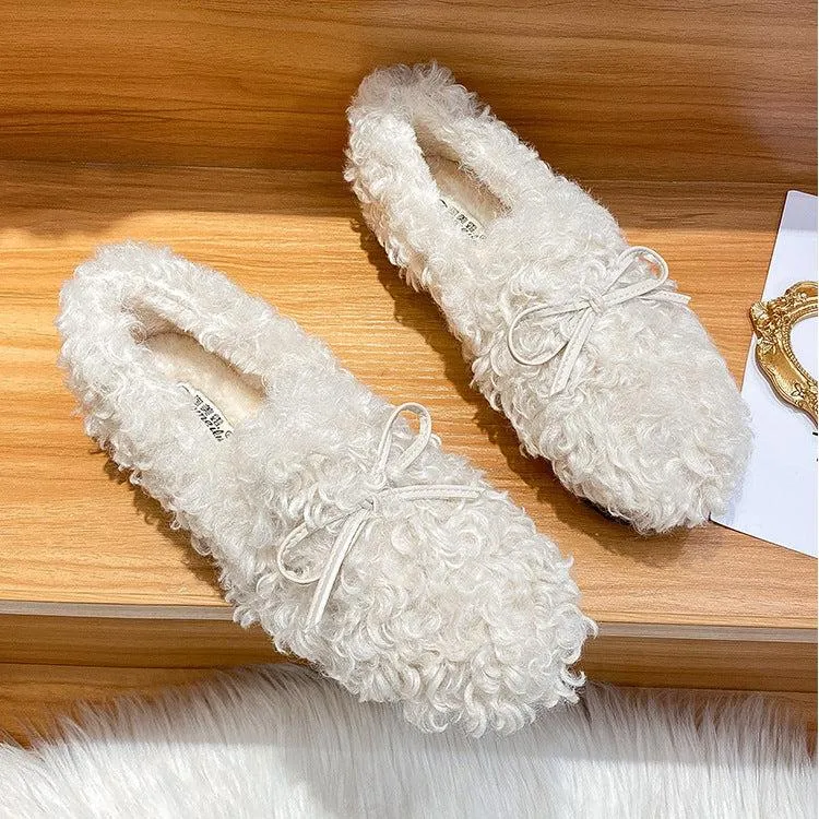 Women Frizz Faux-Fur Loafers Warm Winter Flat Bow Shoes