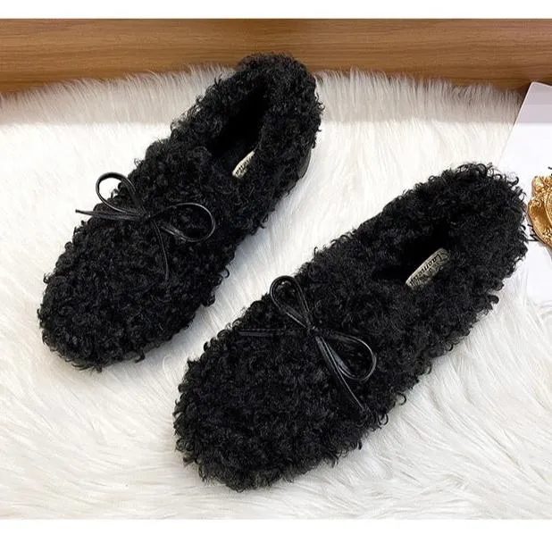 Women Frizz Faux-Fur Loafers Warm Winter Flat Bow Shoes