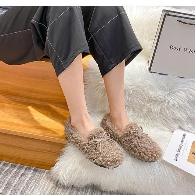 Women Frizz Faux-Fur Loafers Warm Winter Flat Bow Shoes