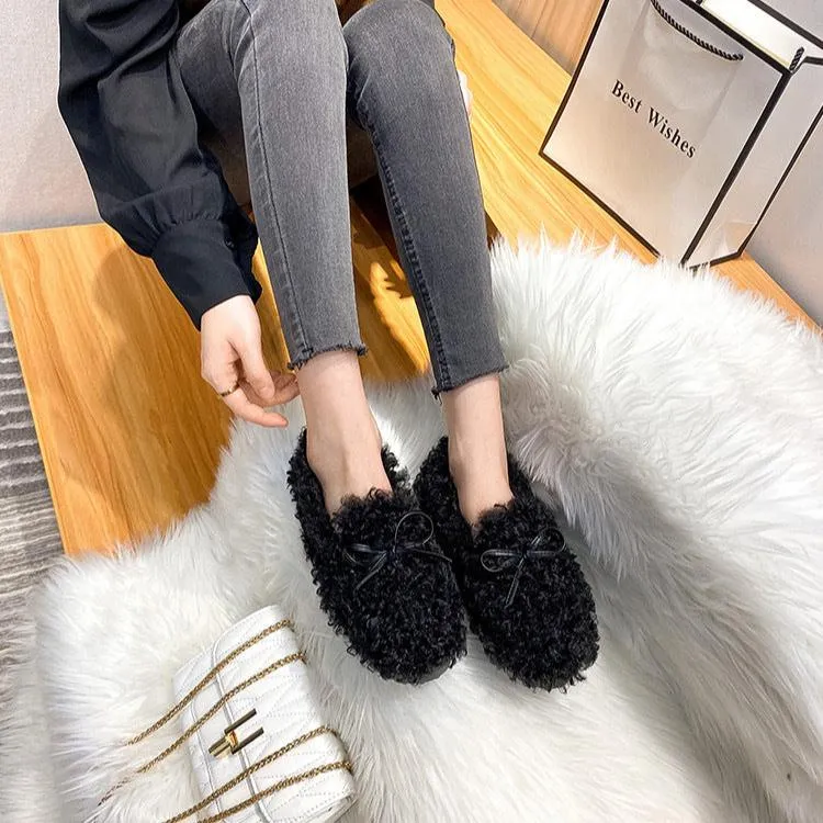 Women Frizz Faux-Fur Loafers Warm Winter Flat Bow Shoes