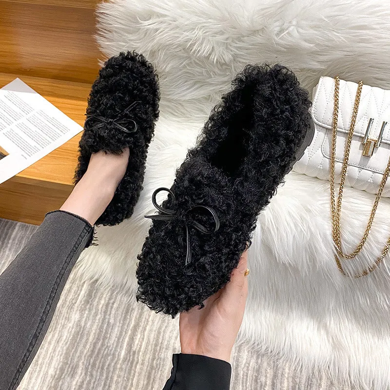 Women Frizz Faux-Fur Loafers Warm Winter Flat Bow Shoes