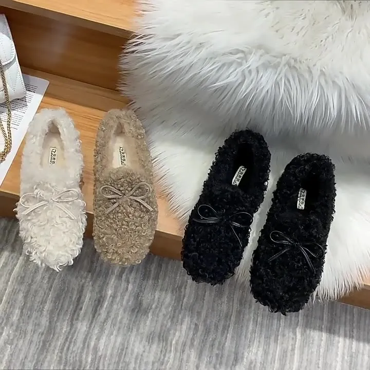 Women Frizz Faux-Fur Loafers Warm Winter Flat Bow Shoes